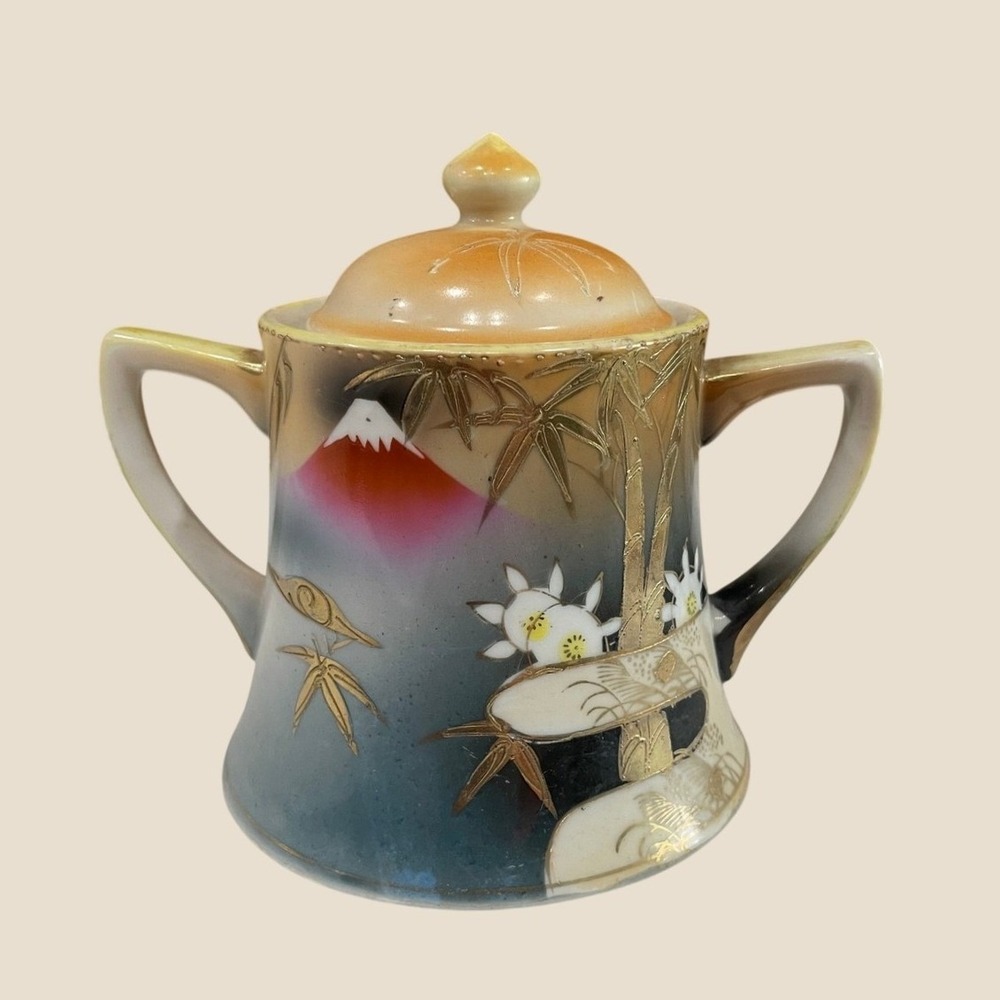 Vintage Nippon Hand Painted Mount Fuji Sugar Bowl with Lid Gold Moriage Bamboo